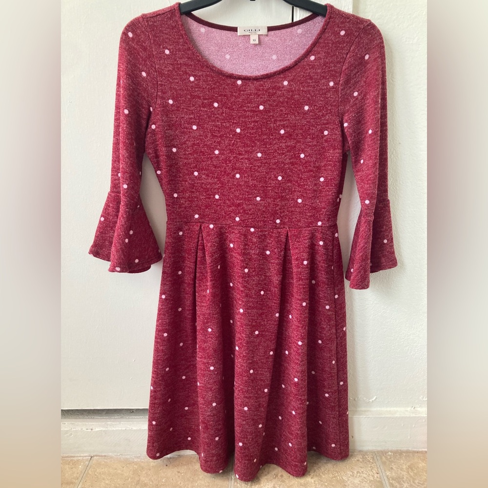Gilli Red Polka Dot Fit and Flare Bell Sleeve Dress